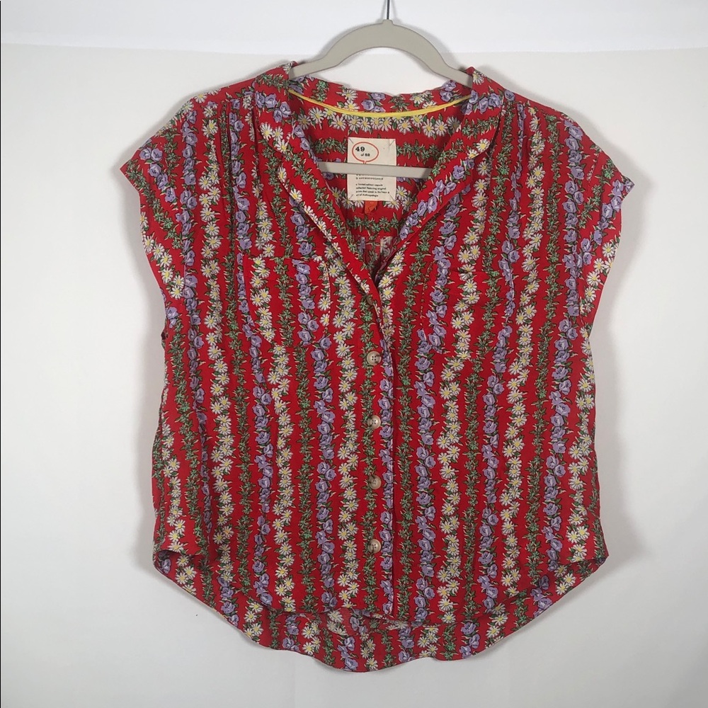Anthropologie Red Floral-Stripe Button Front Blouse